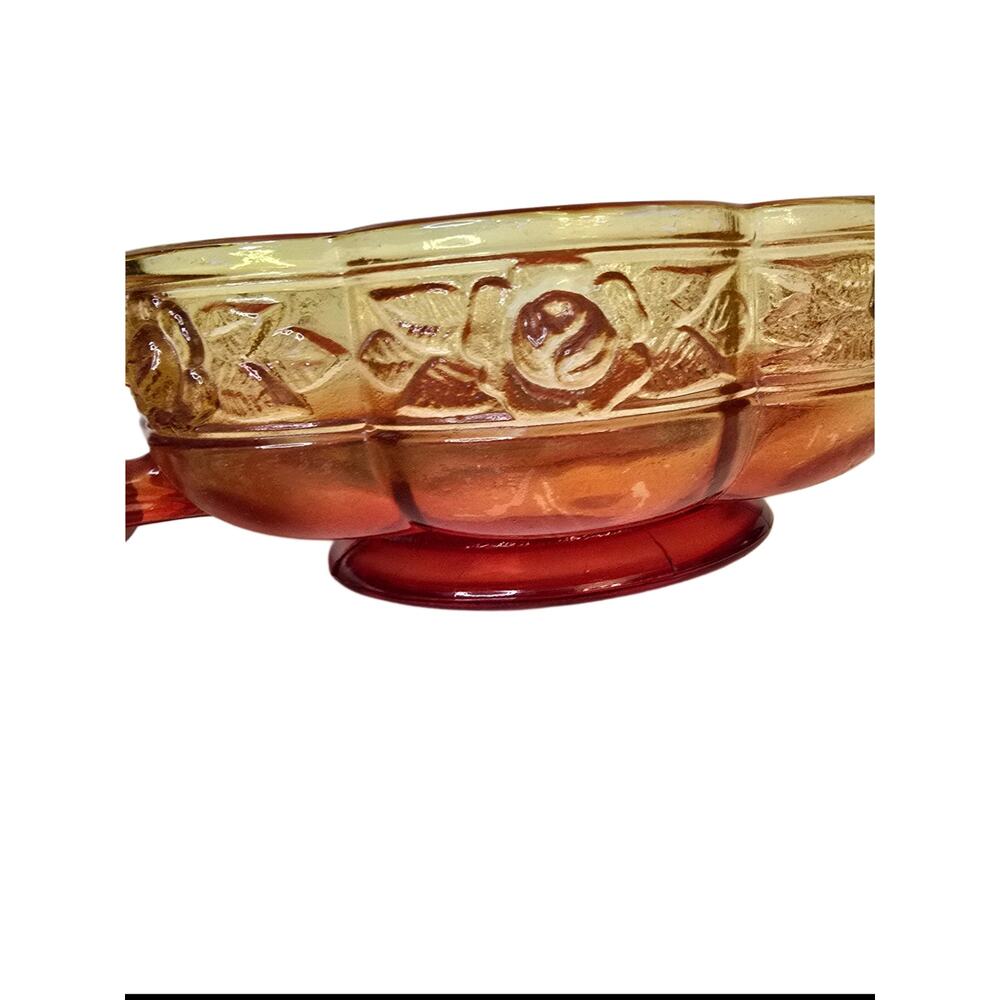 Jeanette Amberina Glass Pedestal Bowl Dish Handle Aztec Rose Red Yellow Vtg Foot